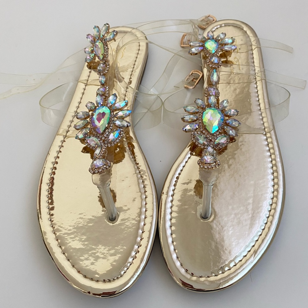 Sz 10 iridescent crystal sandals with clear ankle straps and gold trim hardware